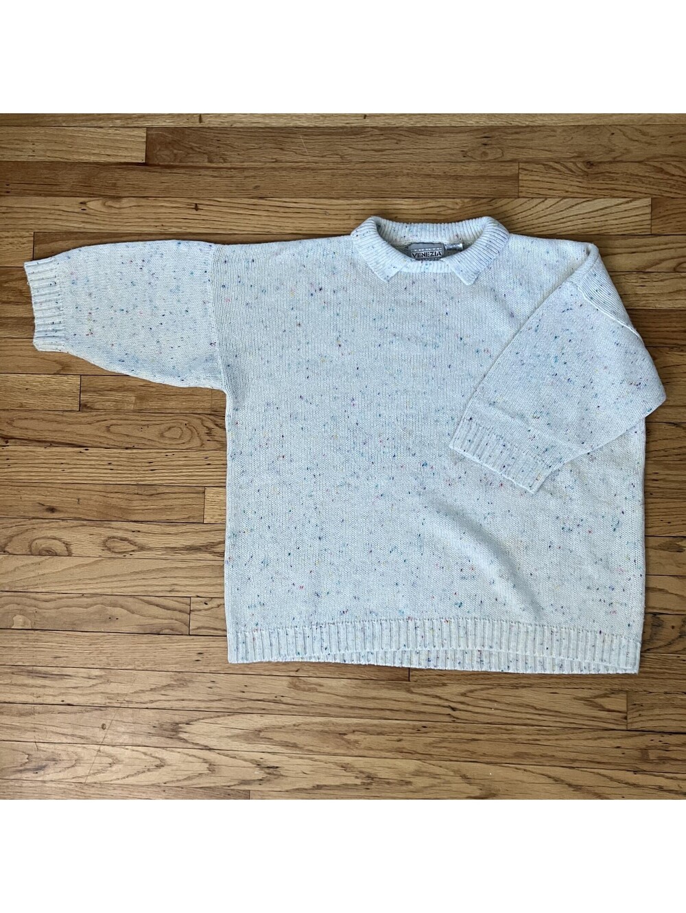 Vintage 80s 90s Confetti Wool Blend Collared Knit Sweater Rainbow One Size